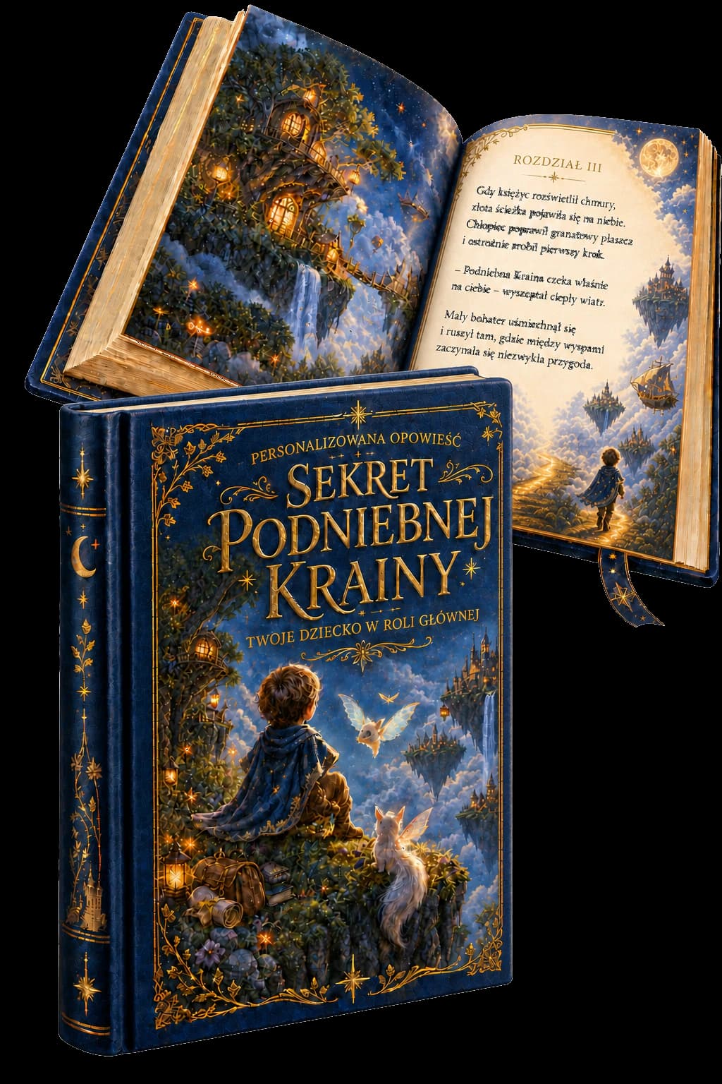 Magiczna drukowana książeczka Lunaboo Sekret Podniebnej Krainy ze złoceniami i ilustrowaną rozkładówką